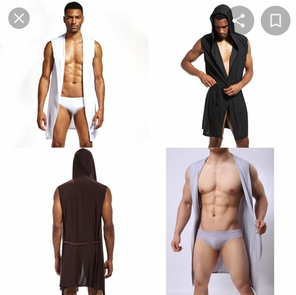 men's sexy black hooded bath robe in a size L